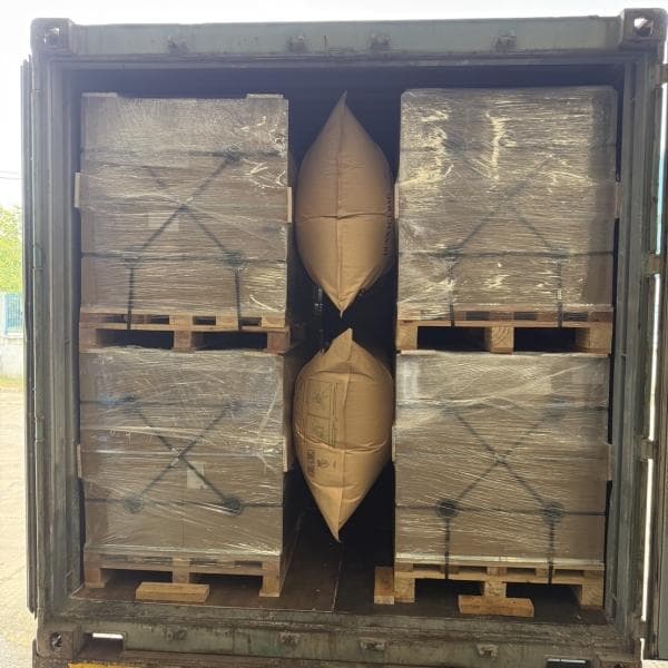 Túi khí giấy Kraft được lắp đặt giữa hai khối pallet trong container